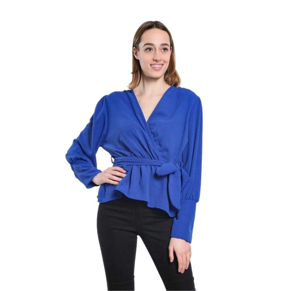 Be You Womens/Ladies Wrap Peplum Bishop Wrap Top / Cobalt